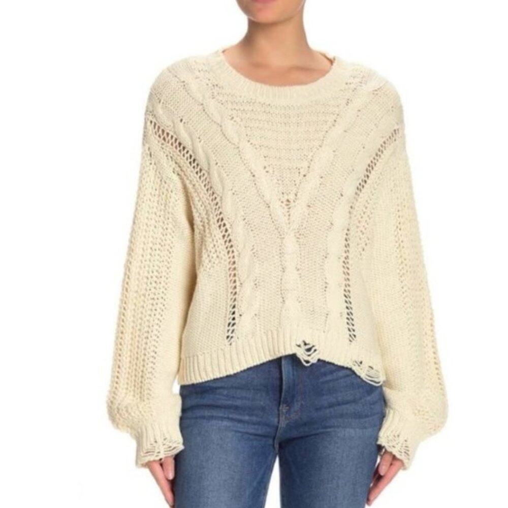 WILDFOX Waldorf Chunky Cable Knit Distressed Sweater Ivory Cream {S14}